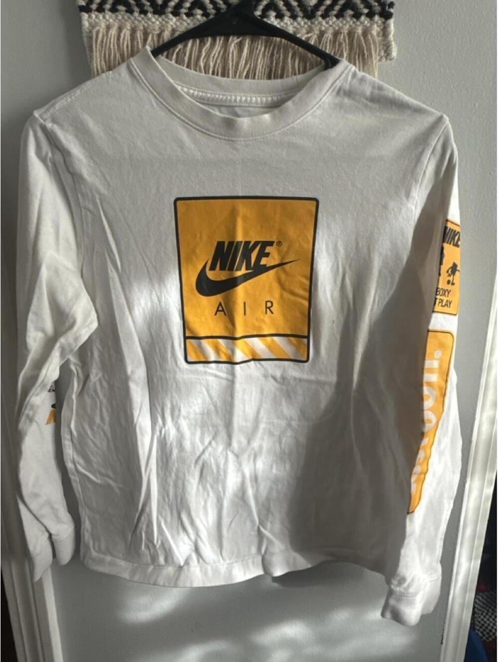 Nike Kids' White Long Sleeve T-Shirt with Yellow Nike Air Graphics and Sleeve S-